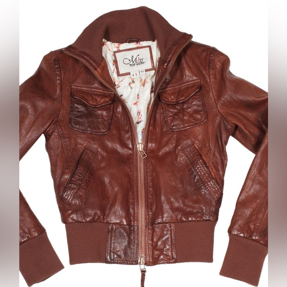 Miss Top Gun Vintage Brown Leather Bomber Jacket XS